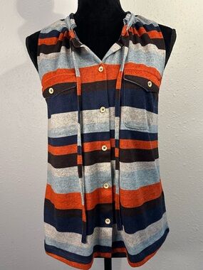Democracy Striped Hooded Sleeveless Top in Blue, Rust & Light Gray